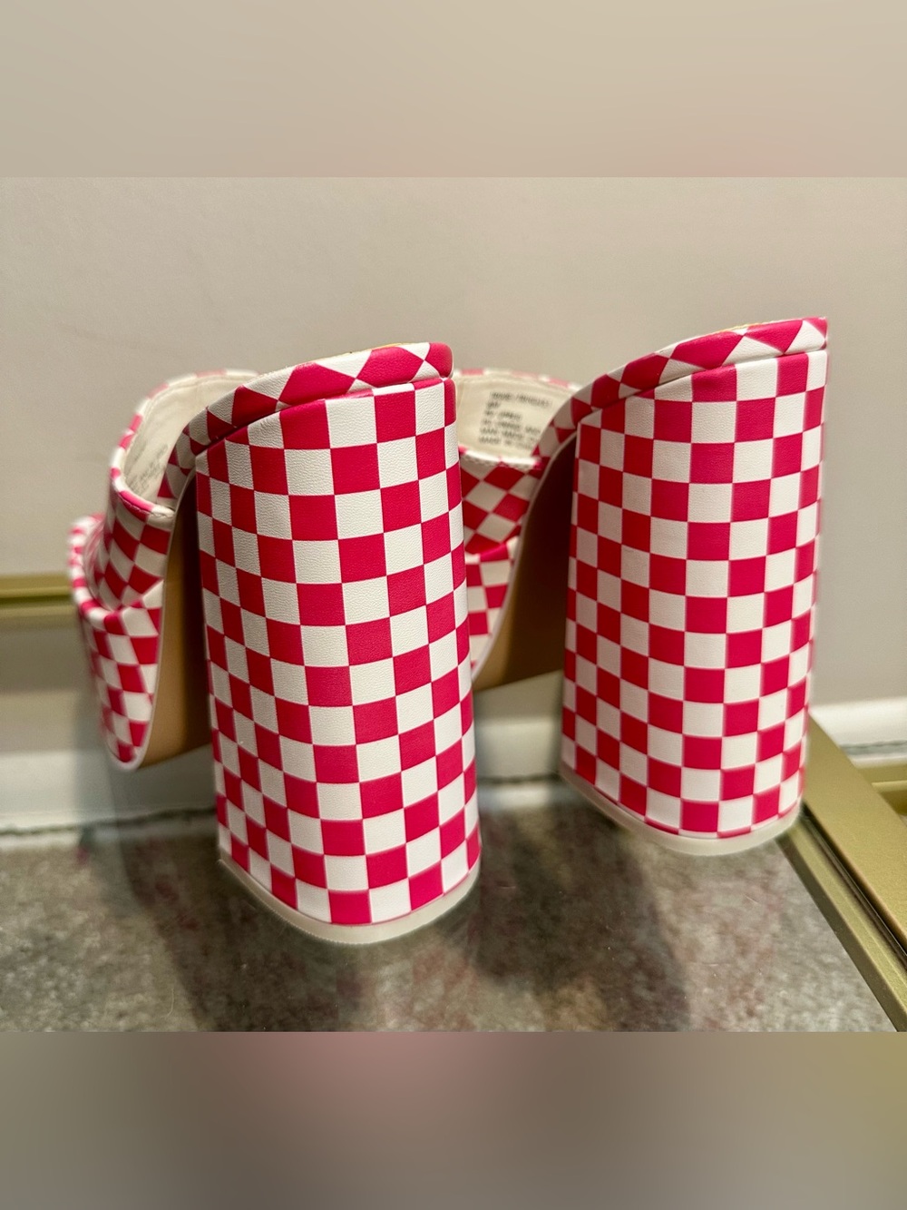 Steve Madden Trixie Platform Sandals Block Heel Pink/White Checkered Size 6 - Picture 5 of 7